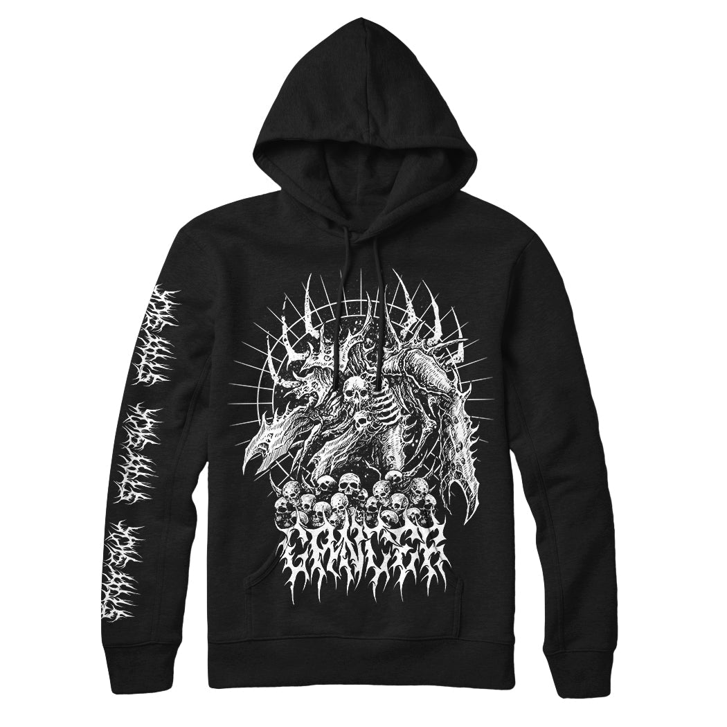 Stay Sick Clothing black hoodie with a bold white dragon graphic, surrounded by skulls and flames on the front, plus matching flame designs down both sleeves.