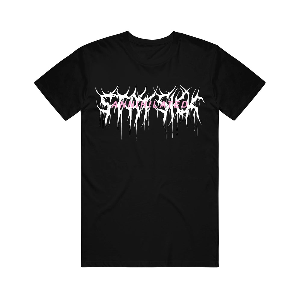 Stay Sick Clothing black T-shirt featuring a white, spiky Annihilated logo with pink accents in the jagged, dripping text across the chest.