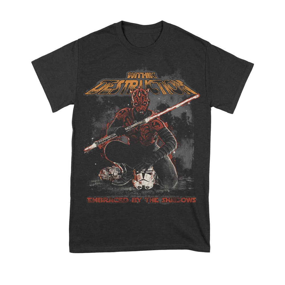 Limited edition black t-shirt from Within Destruction featuring a red and black masked warrior with a double-bladed lightsaber standing over two helmeted heads. Text: WITH THE DESTRUCTOR and EMBRACED BY THE SHADOWS.