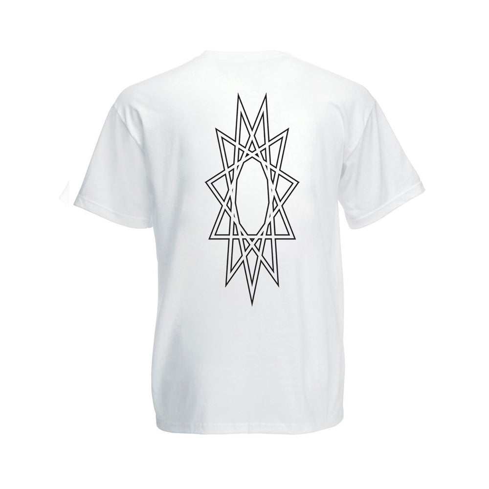 A white Into Another TULTEX T-shirt with a bold black geometric star design on the back, featuring overlapping angular lines in a symmetrical, abstract pattern.
