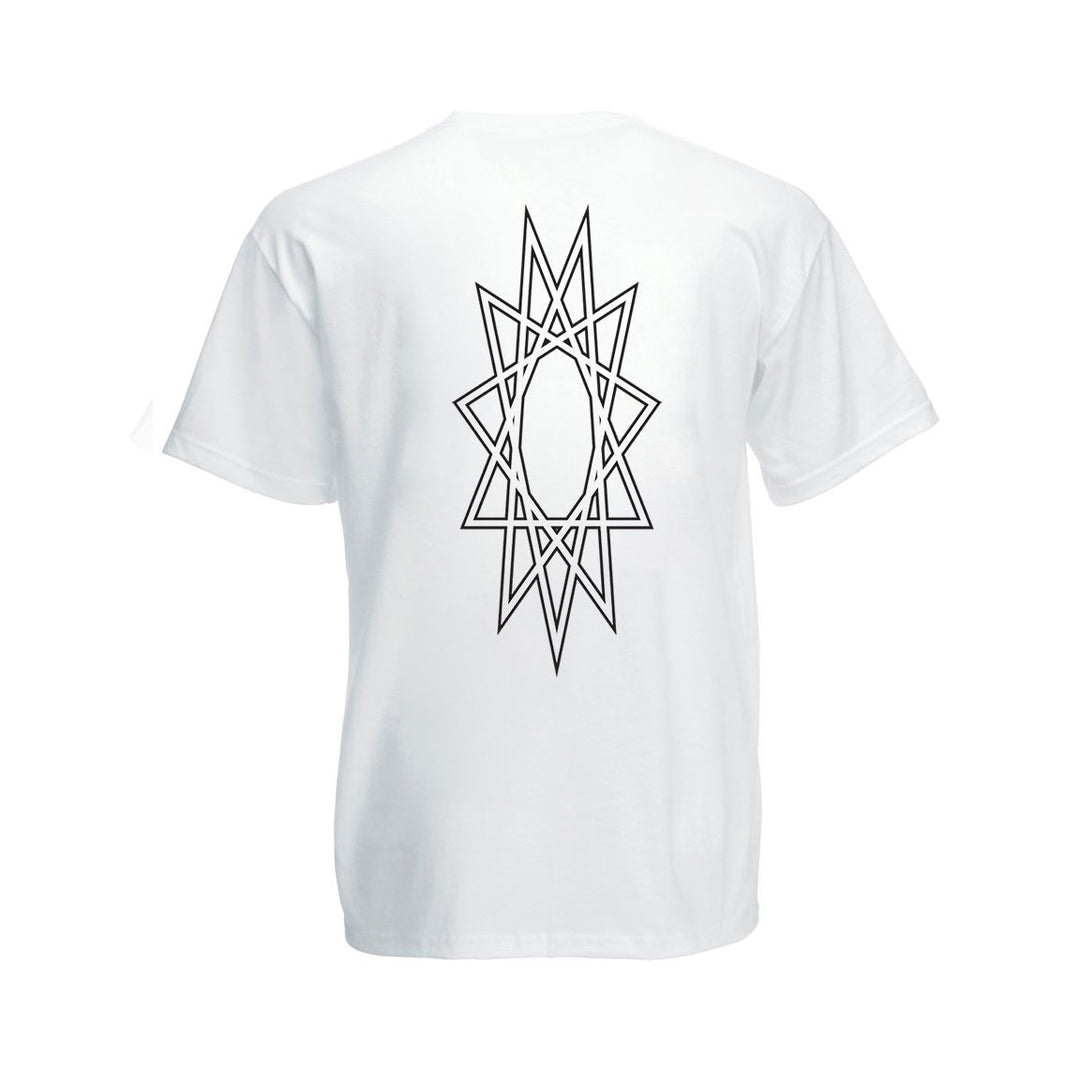 A white Into Another TULTEX T-shirt with a bold black geometric star design on the back, featuring overlapping angular lines in a symmetrical, abstract pattern.