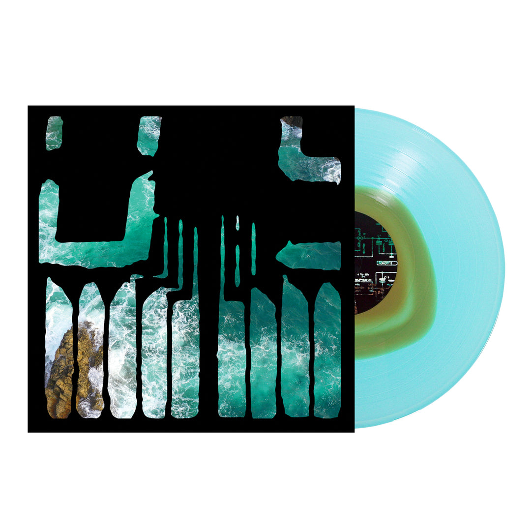 A translucent light blue post-hardcore Joshua vinyl, partially pulled from an album cover with abstract black shapes over ocean waves—perfect for fans of A Whole New Theory and emo music.