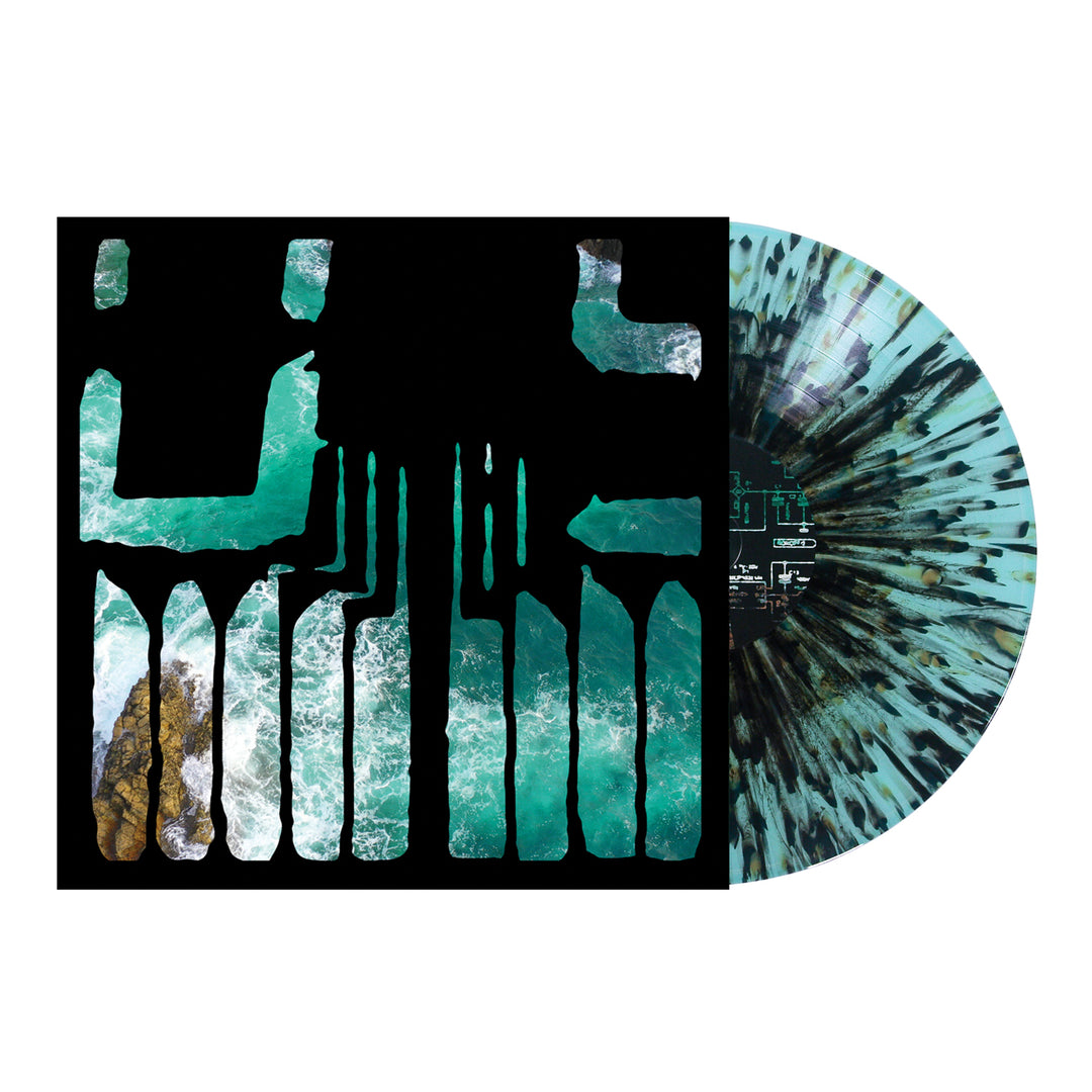 A Joshua post-hardcore vinyl reissue features a teal, black, and white splatter design partially pulled from a black cover with abstract cutouts revealing aerial ocean waves crashing on rocks.