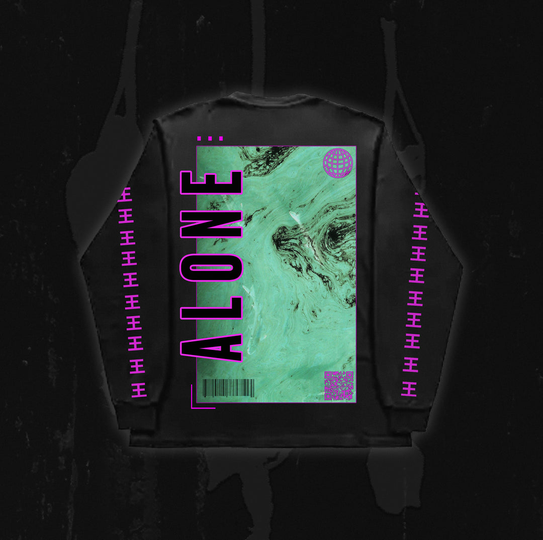 A black jacket from Reflections features a striking green marble design and bold purple "ALONE" text. Modern digital icons and barcodes in purple, inspired by digital downloads and contemporary style, accent the design and stand out against the dark background.