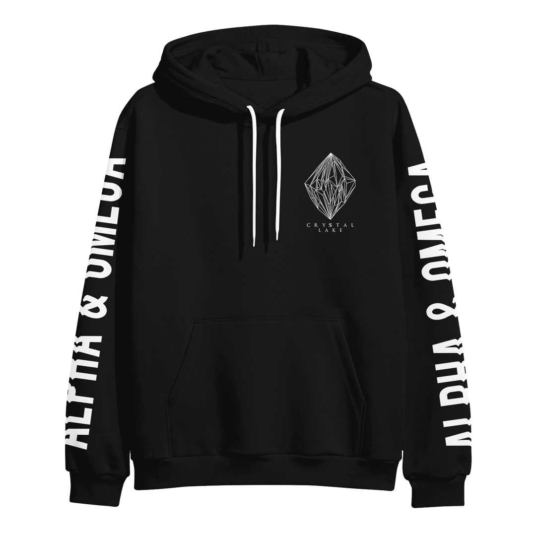 Black hoodie with white text and logo on a white background