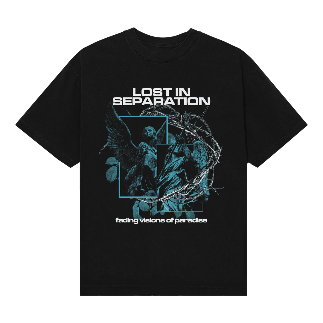 Lost In Separation black T-shirt featuring a blue-tinted angel and skeleton graphic, barbed wire wreath, “LOST IN SEPARATION” text, and fading visions of paradise on the front.