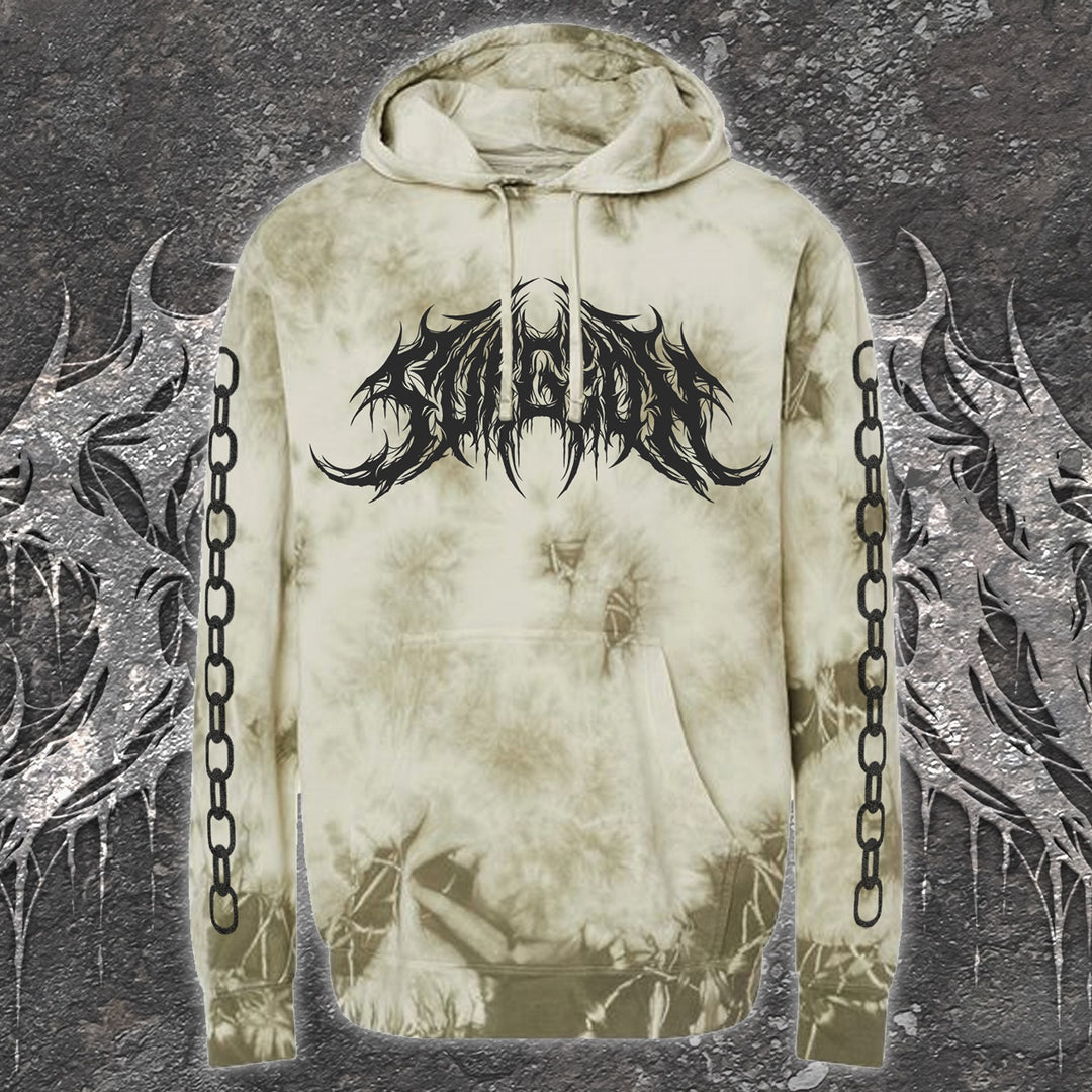 Tan and brown tie-dye hoodie with a black metal-style logo on the chest and a chain print running down each sleeve.
