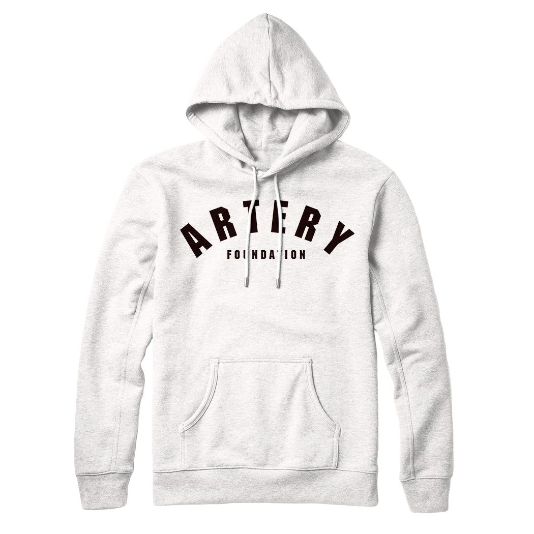 A light gray, classic fit Artery Foundation hoodie with a front pocket and drawstrings. This midweight, ring-spun cotton fleece pullover features ARTERY FOUNDATION in bold black uppercase letters across the chest.