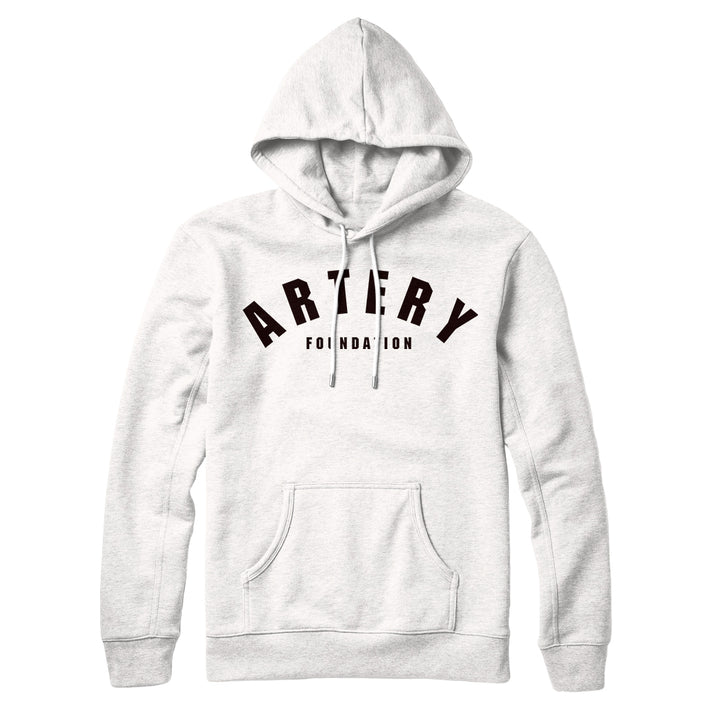 A light gray, classic fit Artery Foundation hoodie with a front pocket and drawstrings. This midweight, ring-spun cotton fleece pullover features ARTERY FOUNDATION in bold black uppercase letters across the chest.