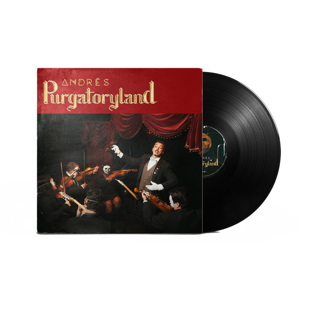 Andrés limited edition vinyl record, partially inside its cover showing a tuxedoed conductor with a quartet (one in skull face paint) performing on stage beneath red curtains.