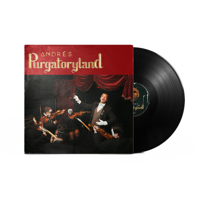 Andrés limited edition vinyl record, partially inside its cover showing a tuxedoed conductor with a quartet (one in skull face paint) performing on stage beneath red curtains.