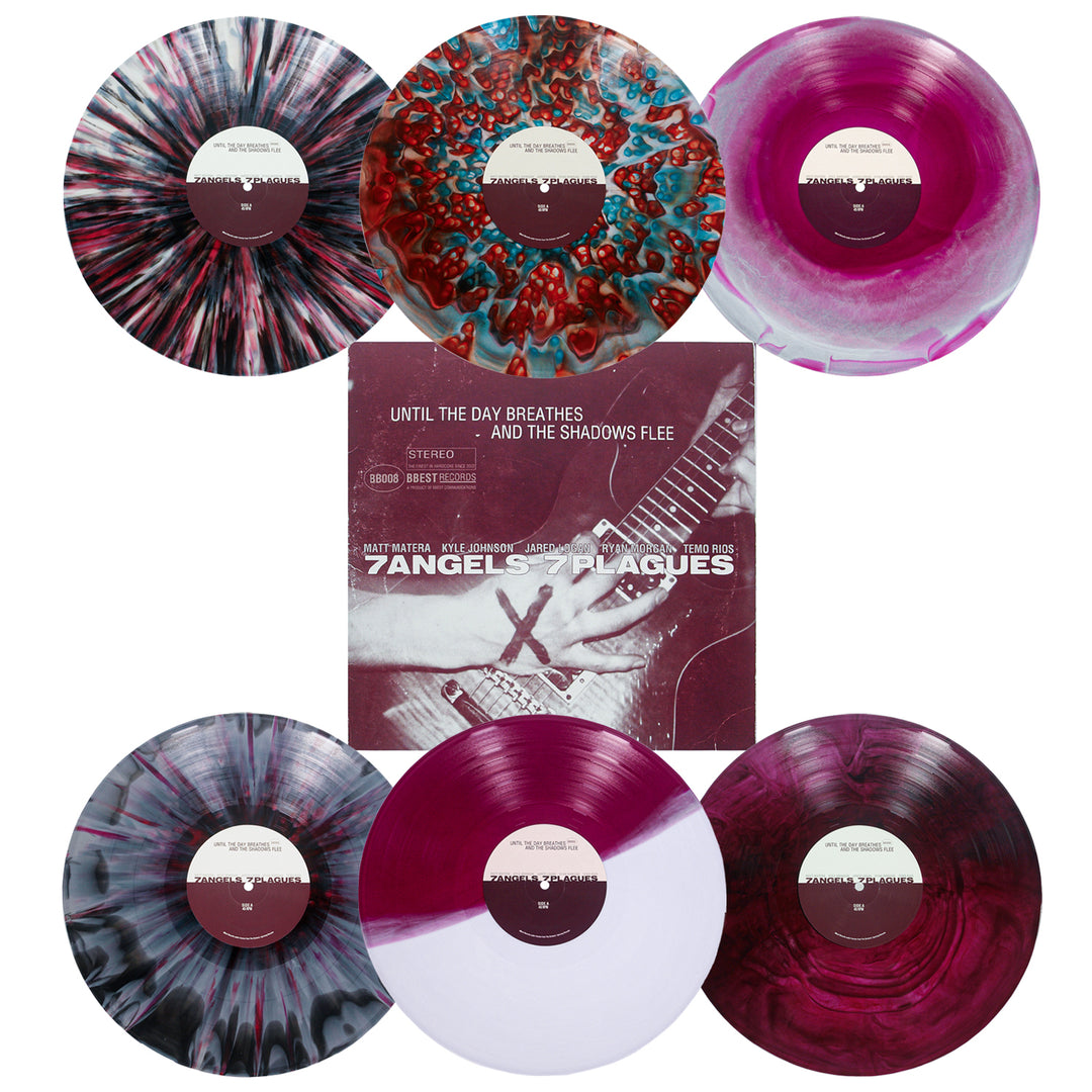 Seven deluxe vinyl records in marbled and splatter designs surround the 7 Angels 7 Plagues – Until the Day Breathes and the Shadows Flee album cover, which features a guitarist’s hands playing an instrument.