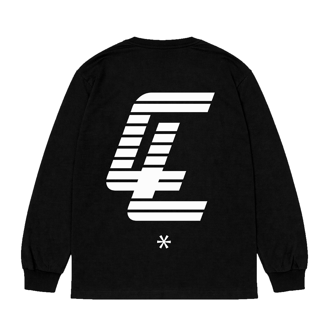 A black long-sleeve shirt from Crystal Lake featuring a large, stylized white CL logo with horizontal stripes and a small asterisk symbol below it printed on the back.