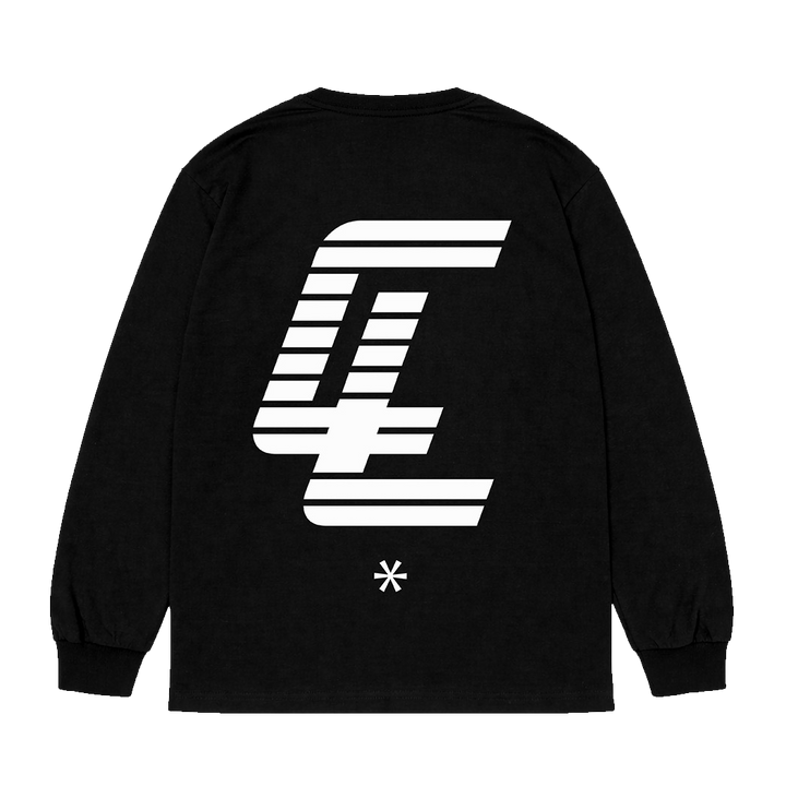 A black long-sleeve shirt from Crystal Lake featuring a large, stylized white CL logo with horizontal stripes and a small asterisk symbol below it printed on the back.