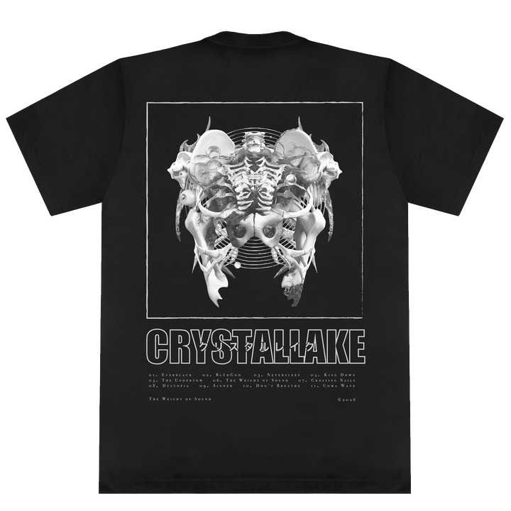 Black t-shirt by Crystal Lake, crafted from premium American Apparel clothing, featuring a surreal grayscale skeletal design with the word "Crystal Lake" below the image. The printed garment is finished with a list of song titles or words in smaller text at the bottom, combining unique style with comfort.
