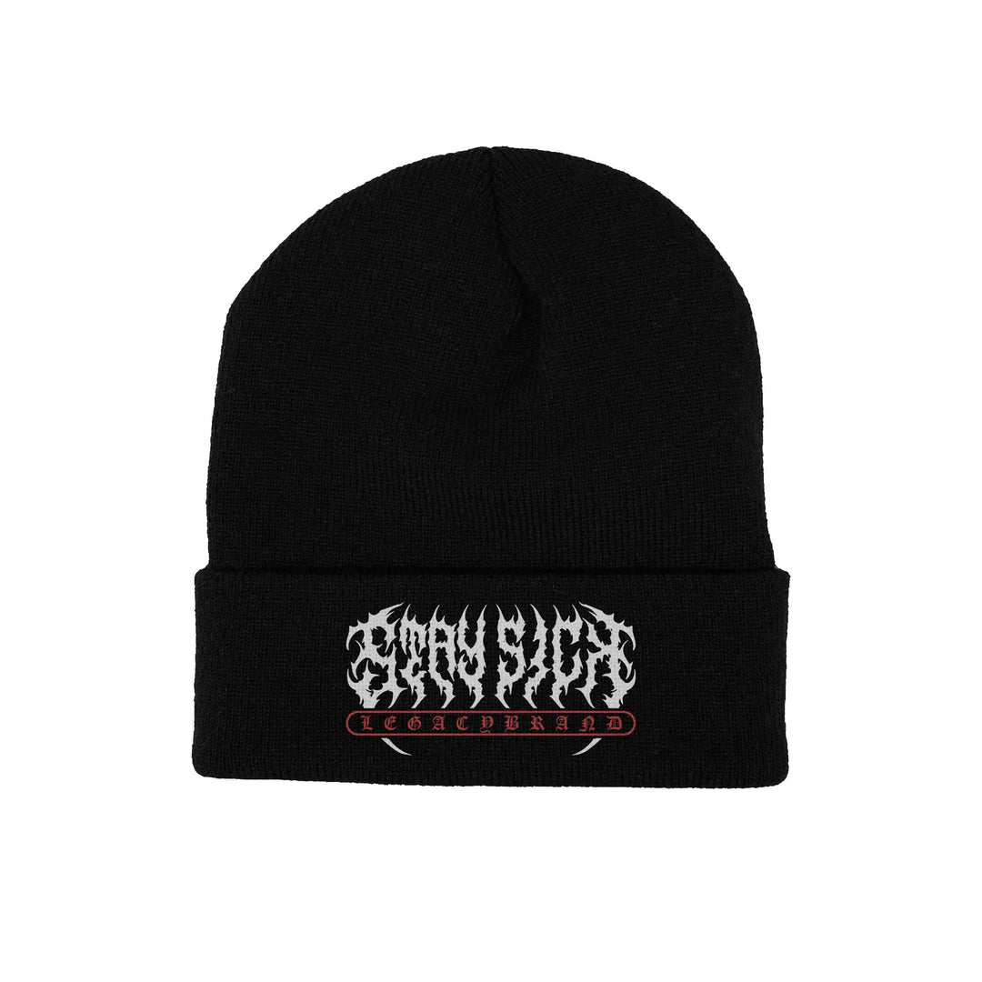 A black flip-up beanie from Stay Sick Clothing featuring white jagged “STAY SICK” text and red “LEACH BRAND” lettering on the front cuff.