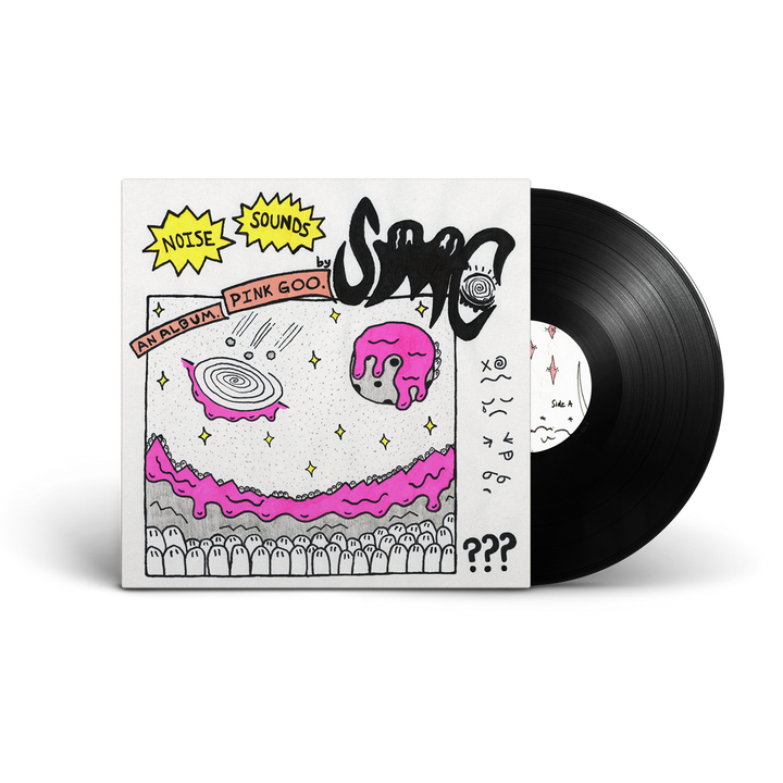 A Black Vinyl LP from Strawberry Milk Cult, featuring pink goo dripping from a UFO on the cover, cartoon stars, doodles, and text: “Noise Sounds by Soap,” “A.Y.B.D.U.M,” “Pink Goo,” and question marks.