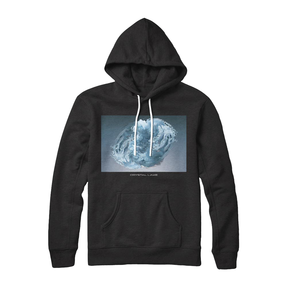 A black Crystal Lake hoodie with a front pocket, featuring a swirling blue water splash graphic and CRYSTAL LAKE printed below the image.
