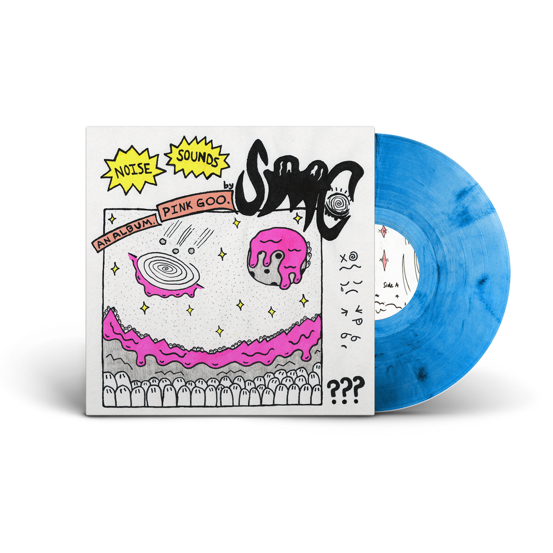 A blue marble vinyl LP partially slides out of an album cover with hand-drawn doodles, pink goo, stars, and "Noise Sounds by Strawberry Milk Cult, Album: Pink Goo" text on a white background.