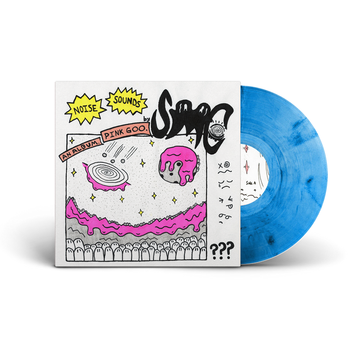 A blue marble vinyl LP partially slides out of an album cover with hand-drawn doodles, pink goo, stars, and "Noise Sounds by Strawberry Milk Cult, Album: Pink Goo" text on a white background.
