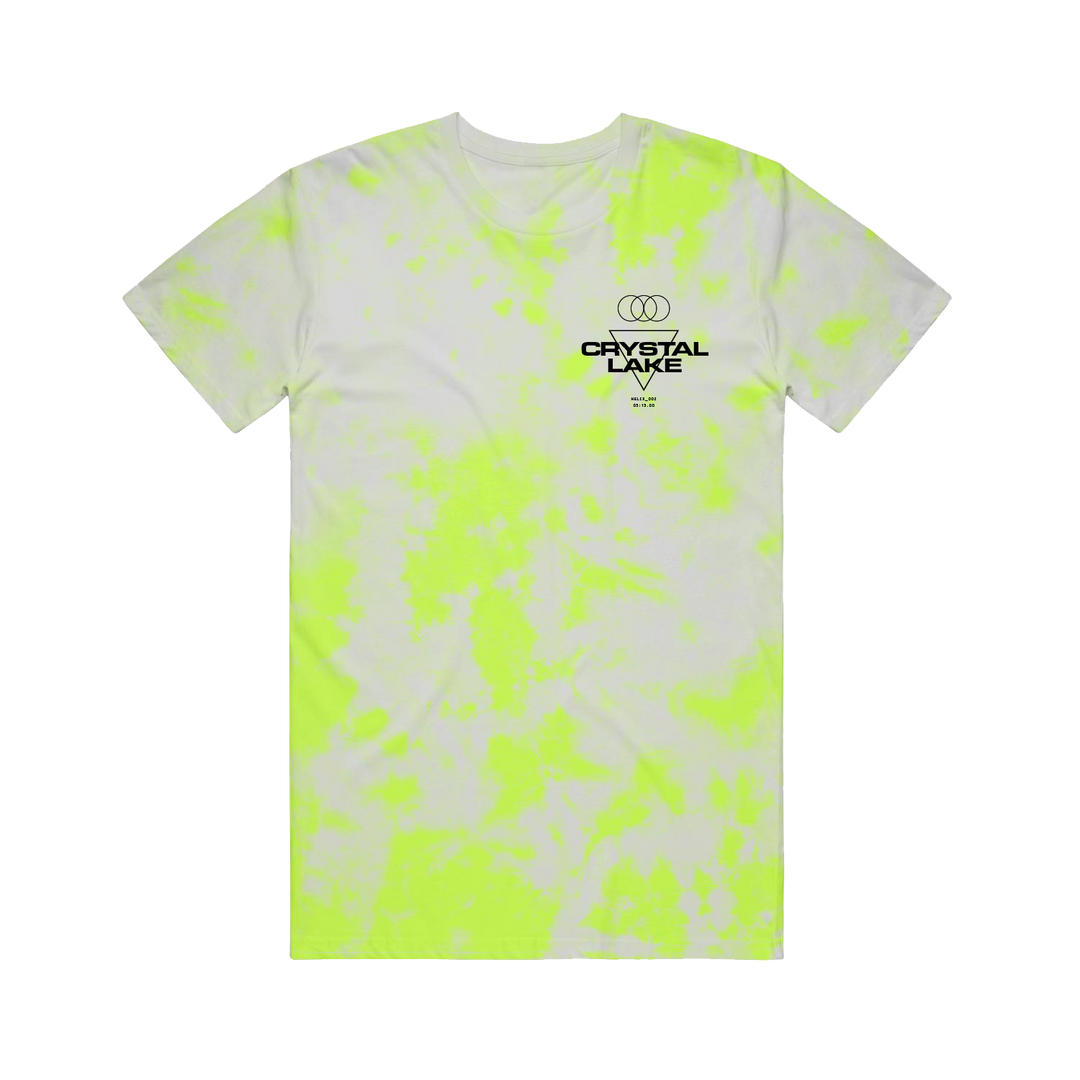 A white Crystal Lake t-shirt featuring bright yellow tie-dye patterns and a small black logo with overlapping rings on the left chest, displayed flat against a plain white background.