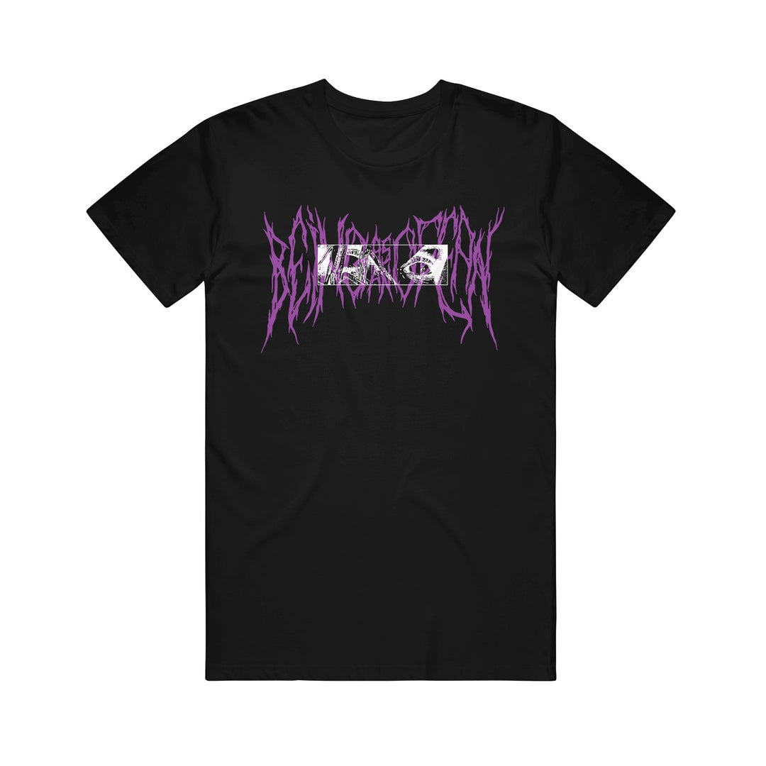 image of the front of a black tee shirt on a white background. tee  has a center chest print in purple death metal font that says being as an ocean. 