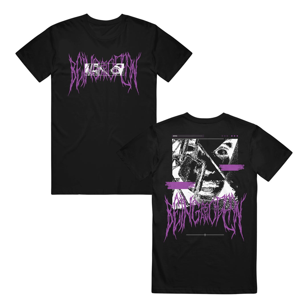 image of the front and back of a black tee shirt on a white background. front is on the left and has a center chest print in purple death metal font that says being as an ocean. back is on the right and has full print in white of a face, and then purple death metal font that says being as an ocean