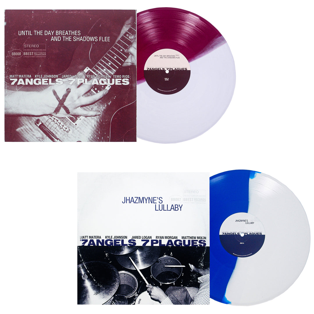 Two vinyl records by 7 Angels 7 Plagues are displayed: a maroon and white 45 RPM EP with its cover on top, and a blue and white Jhazmyne’s Lullaby edition below, both featuring album art and the band’s name.