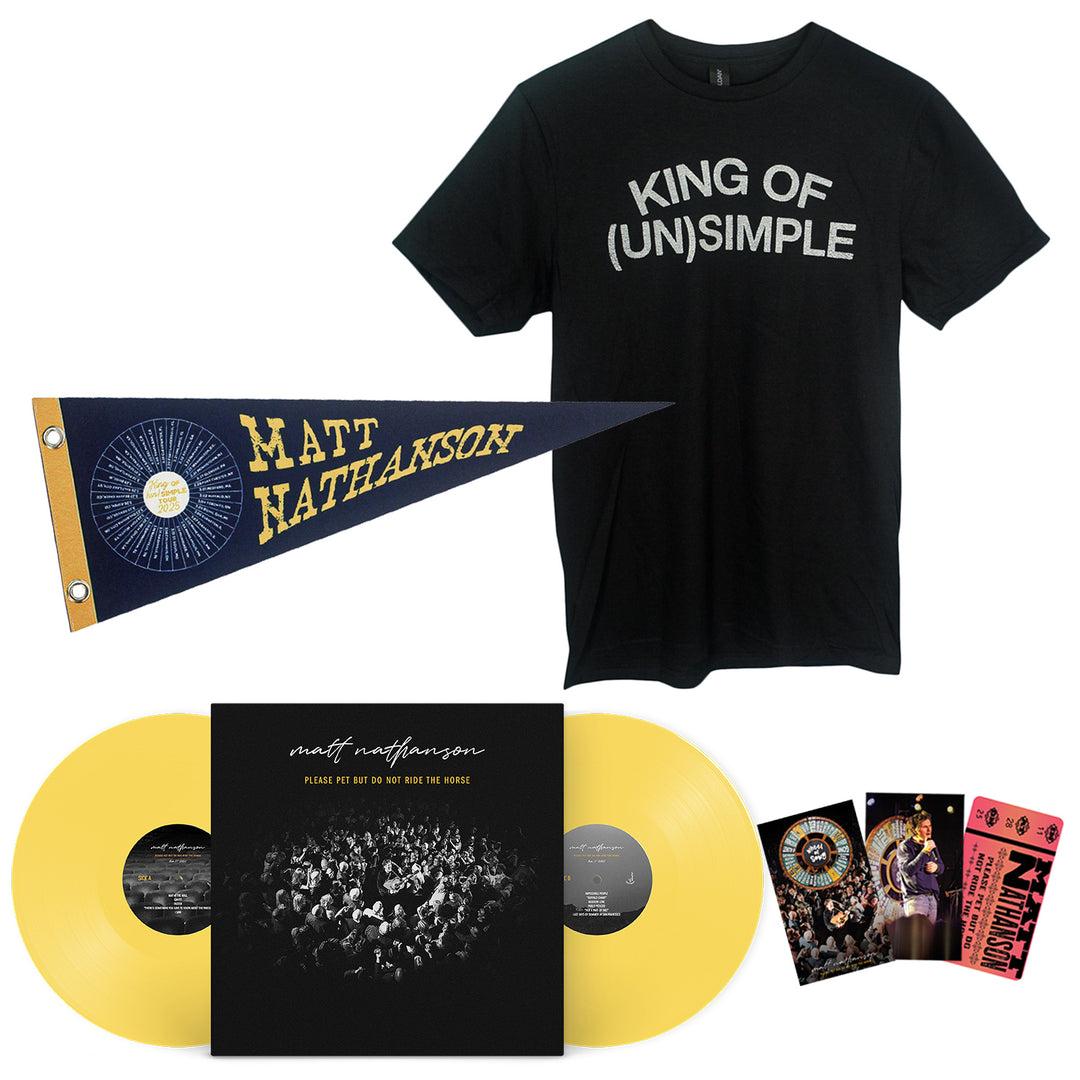 The Matt Nathanson merch bundle includes a black KING OF (UN)SIMPLE T-shirt, pennant, lemon yellow double vinyl, two postcards, and an album cover with a live crowd scene.