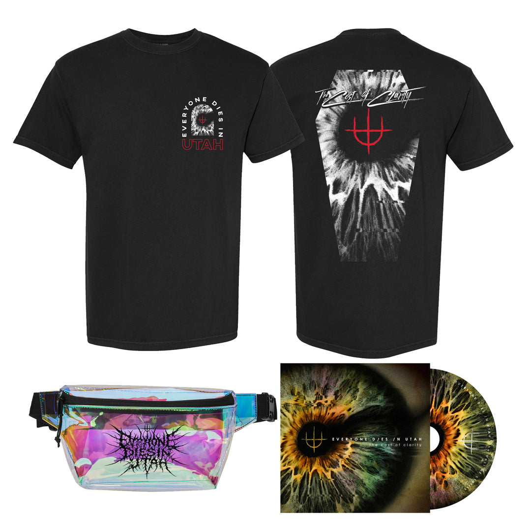 A black printed tee by Everyone Dies In Utah with Utah tour graphics on the front and an eye with a red symbol on the back, paired with a holographic fanny pack, plus an album cover and CD featuring a colorful eye design.