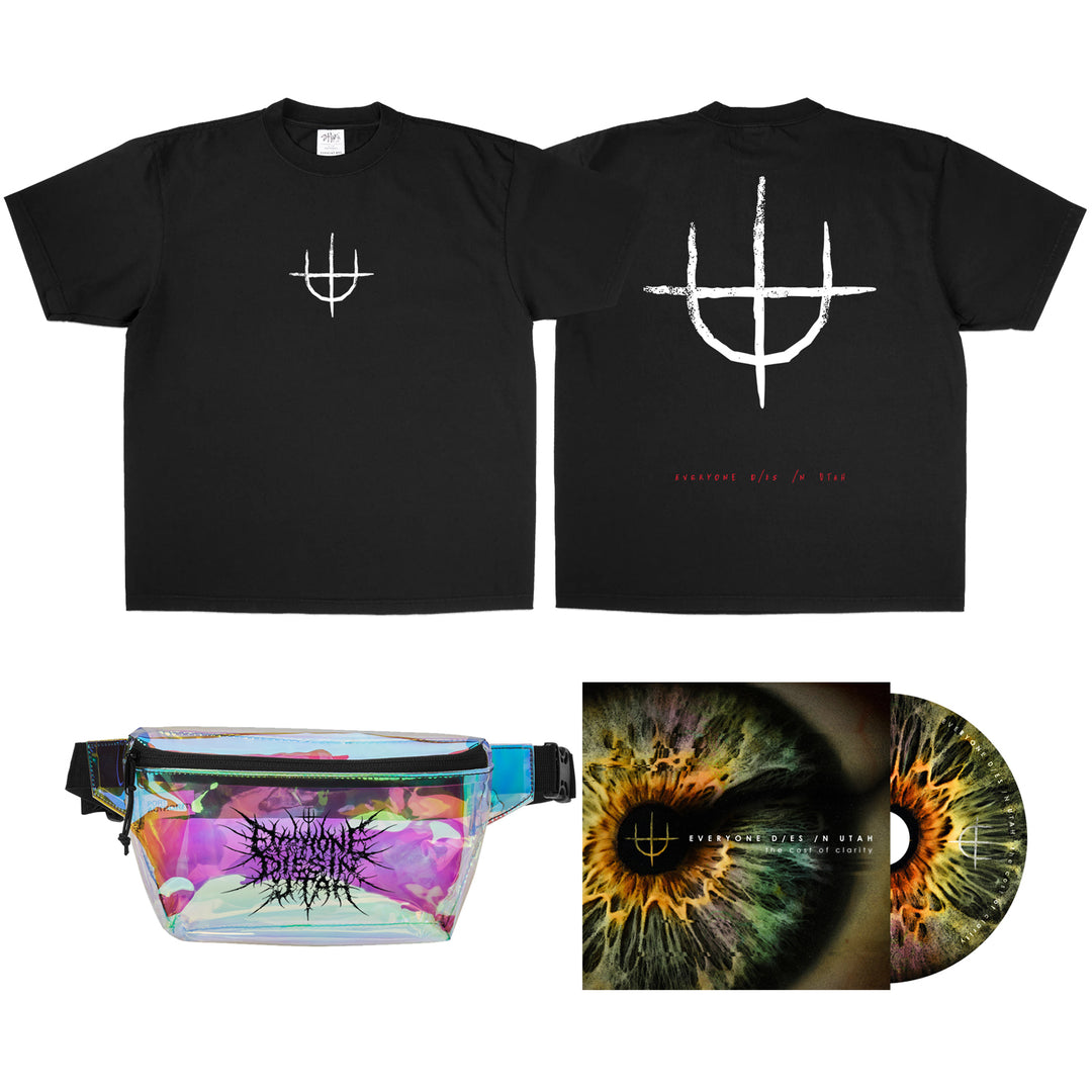 Displayed are Everyone Dies In Utah’s black Shakawear printed t-shirt with white symbols on both sides and red back text, a holographic fanny pack with black logo, and a vinyl record featuring an eye design on the cover.