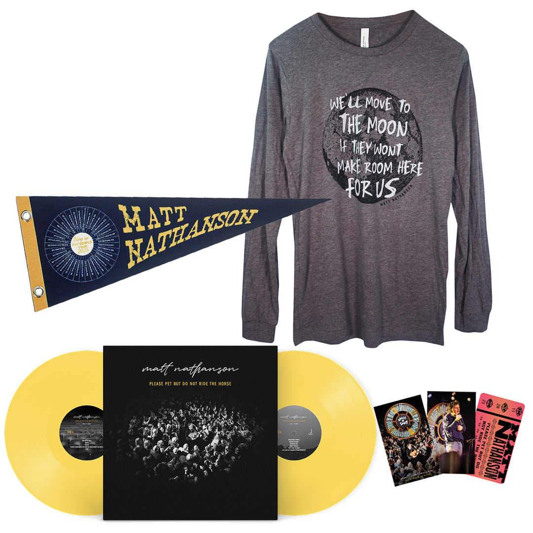 A Matt Nathanson bundle featuring a gray long-sleeve shirt with white text, a navy pennant, two lemon yellow vinyl records (limited edition) in a black cover, and colorful printed inserts.