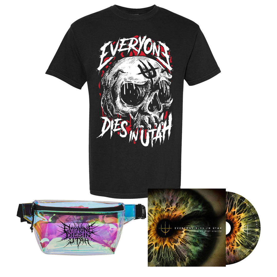 A black Everyone Dies In Utah Comfort Colors skull tee, paired with a holographic belt bag and a vinyl record featuring a bold close-up eye cover.