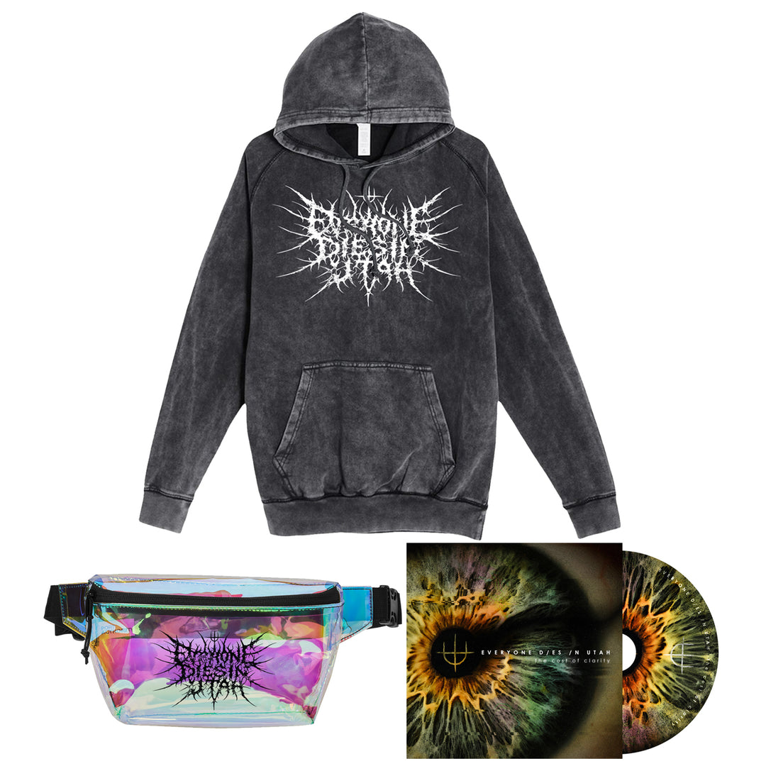 A black acid-wash pullover hoodie with a white spiky Everyone Dies In Utah logo, an iridescent holographic fanny pack with the same logo, and a multicolored vinyl record plus abstract eye album cover.