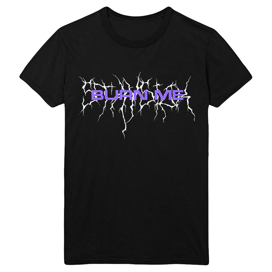 A Stay Sick Clothing Burn Me Black t-shirt featuring bold purple BURN ME text with white lightning-like lines radiating across the chest.