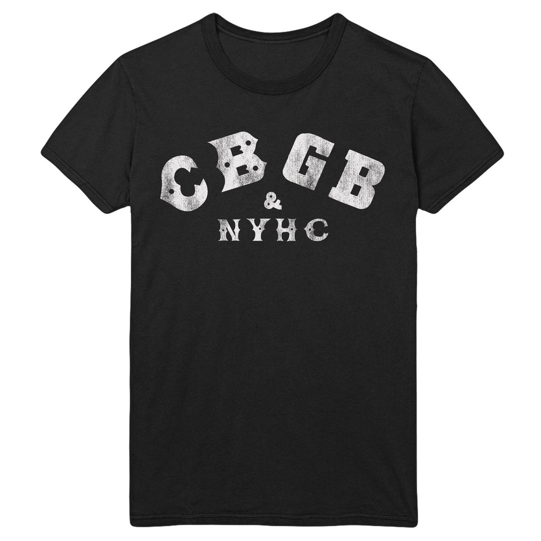 A black Gorilla Biscuits t-shirt with distressed white CBGB & NYHC text across the chest, made from heavyweight cotton for lasting comfort.