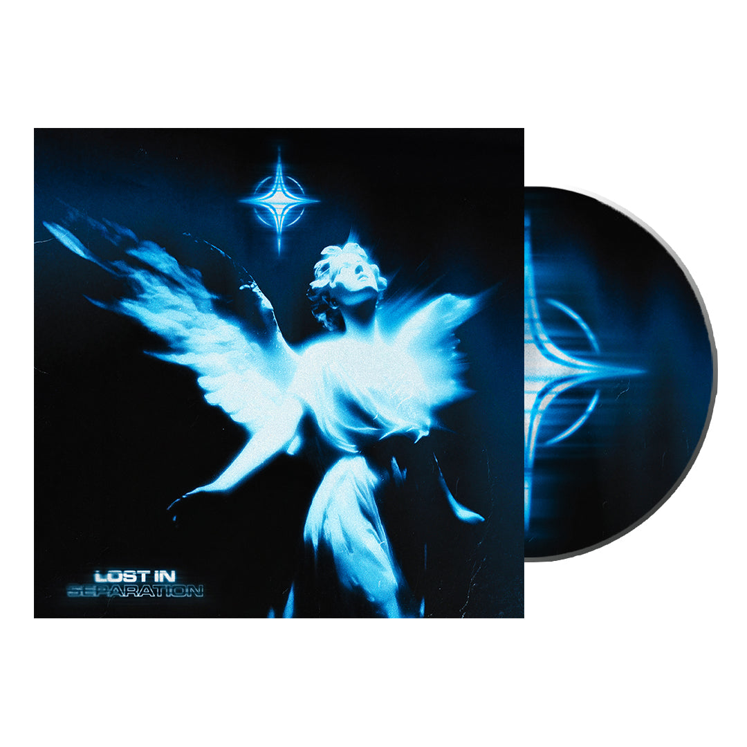 The album cover for Lost In Separation features a glowing blue, ethereal angel statue on a dark background with a star-like symbol shining above its head. The CD beside it displays the same glowing symbol and the Lost In Separation brand name.