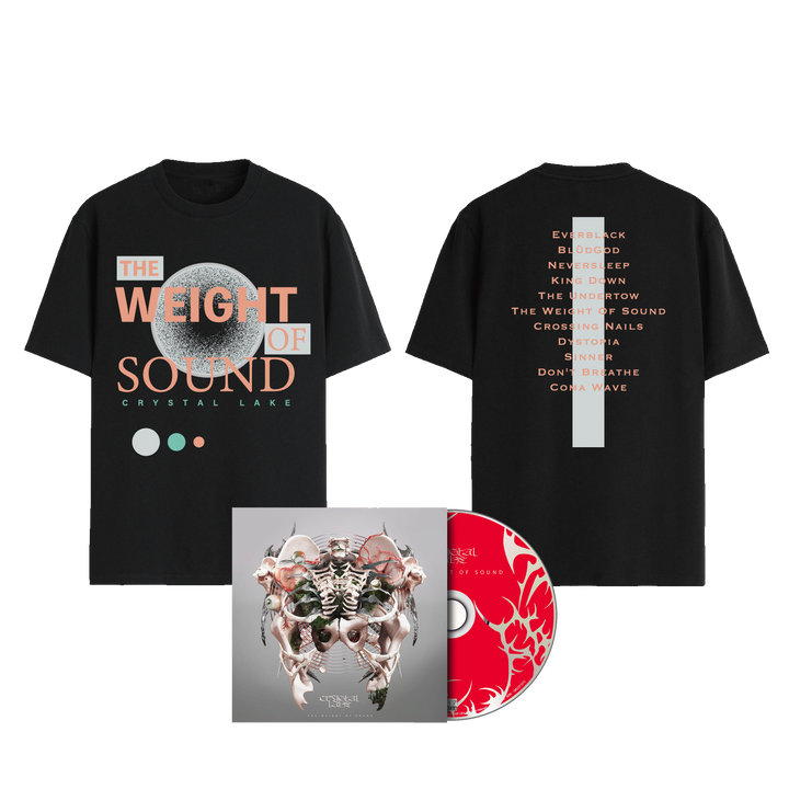 A Crystal Lake black t-shirt featuring "THE WEIGHT OF SOUND" text on the front and song list on back, shown with a red CD and abstract, mechanical-themed album cover.