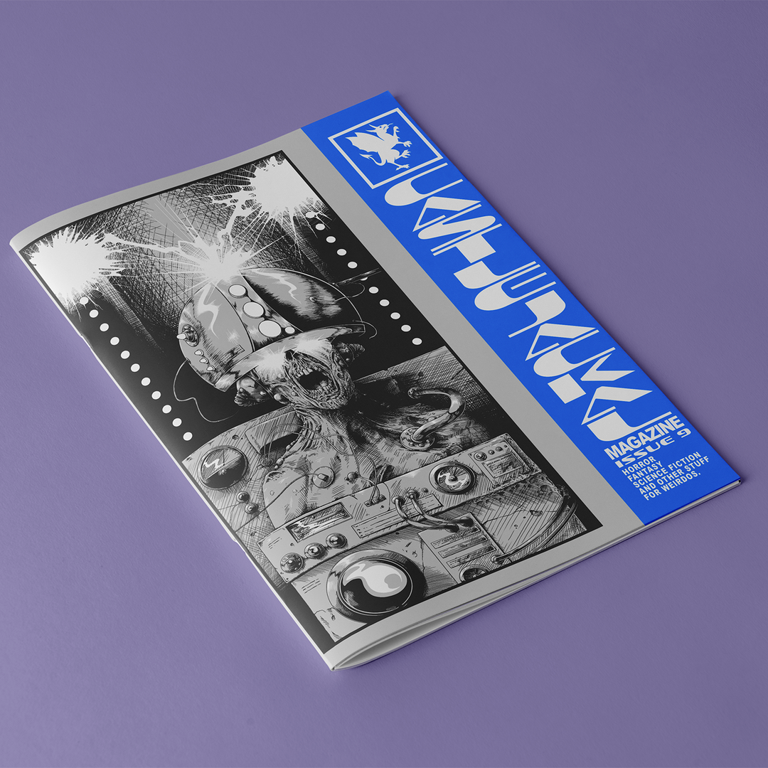 A Castle Jackal magazine, Issue #9, features a black-and-white illustrated cover with a surreal robotic figure on a purple surface, a blue vertical banner with white geometric text, and a white eagle logo in the top left corner.