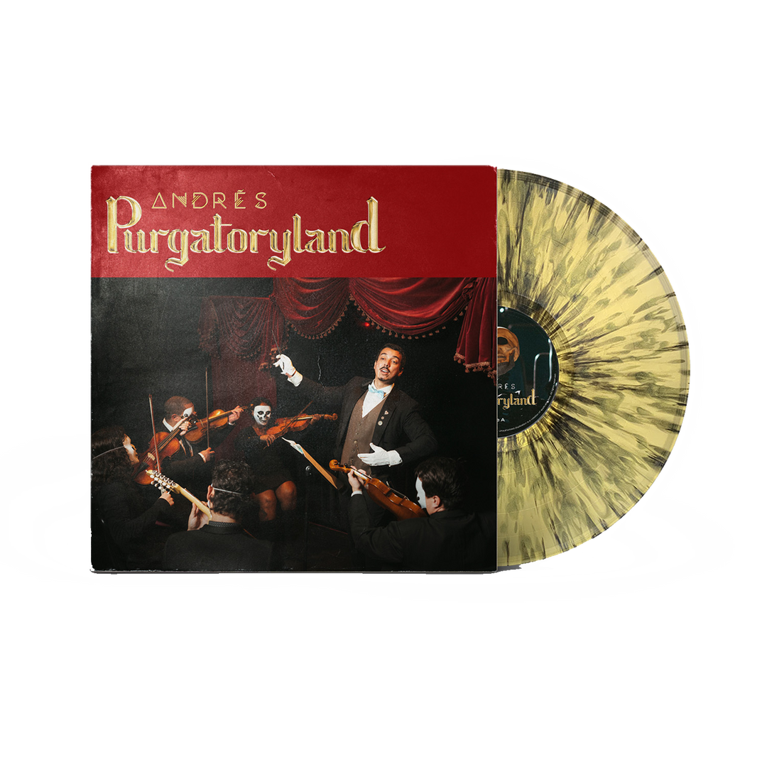 A limited edition Andrés Purgatoryland vinyl with a yellow-black splatter design is partially out of its cover, which depicts a tuxedoed man conducting a quartet—two in skull makeup—under red curtains.