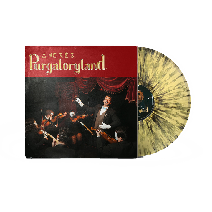 A limited edition Andrés Purgatoryland vinyl with a yellow-black splatter design is partially out of its cover, which depicts a tuxedoed man conducting a quartet—two in skull makeup—under red curtains.