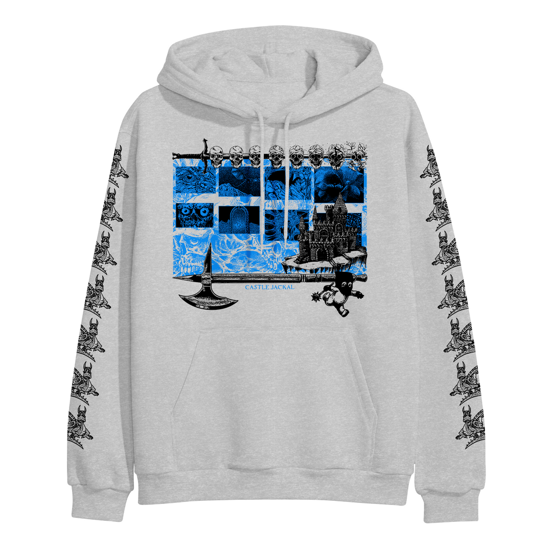 Ash Gildan heavyweight hoodie featuring a graphic of skulls, a castle, and a battle axe on the chest, with repeating helmeted character prints down both sleeves and the text CASTLE JACKAL.