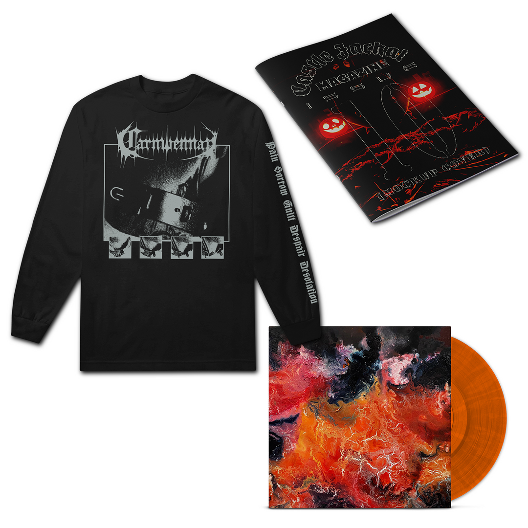 The Castle Jackal bundle includes a Carnwennan Long Sleeve black shirt with graphic artwork, a Halloween-themed poster, Castle Jackal Magazine, and a citrus vinyl record with an abstract cover.
