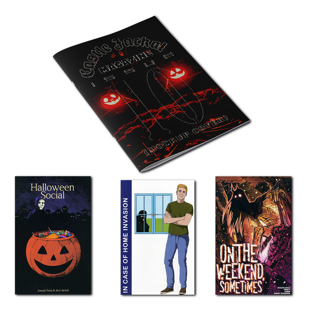 Four illustrated zines by Castle Jackal are displayed: one with jack-o'-lanterns and "Castle Jackal Magazine" on a black cover, plus others featuring a Halloween Social pumpkin, a man by a door, and shadowy woodland figures.