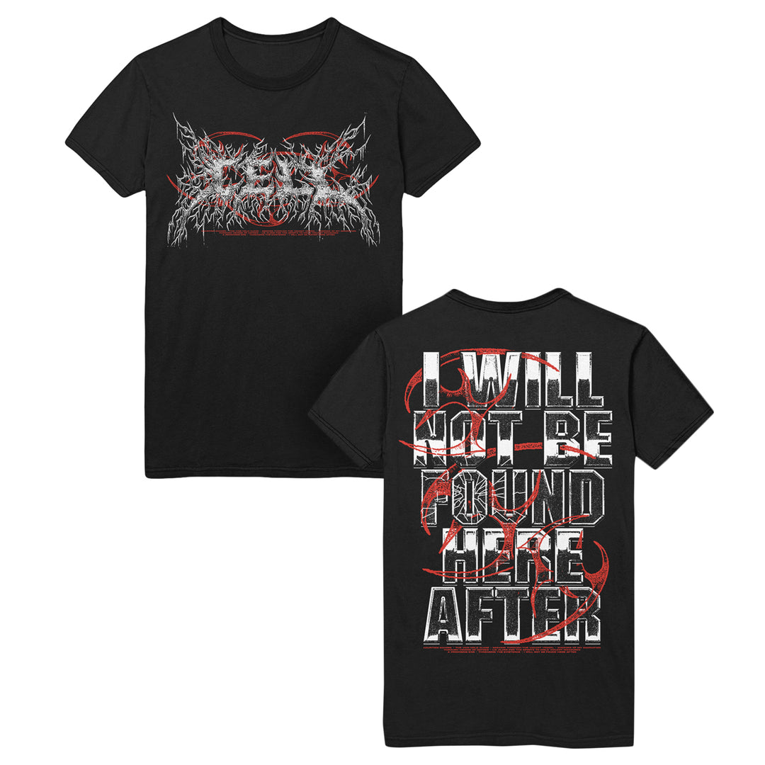 Black t-shirt with graphic design on front and back