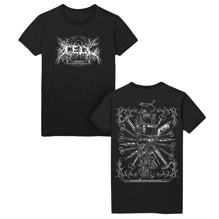 Black t-shirt with white graphic design on a white background