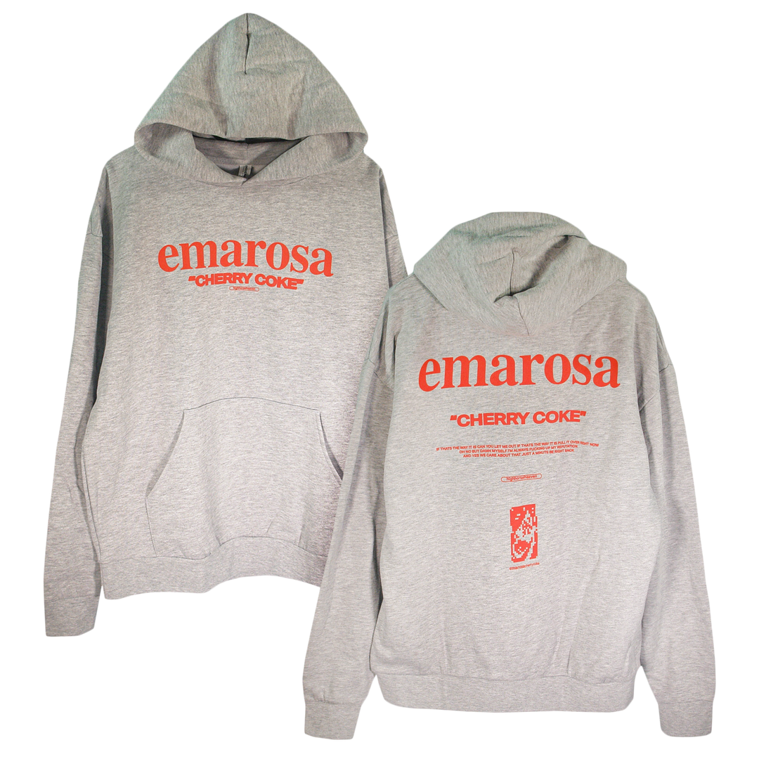 Two light gray Emarosa premium midweight unisex sweatshirt hoodies shown front and back, featuring large red "emarosa" text, CHERRY COKE branding, bold red graphics, and an oversized fit for ultimate comfort.