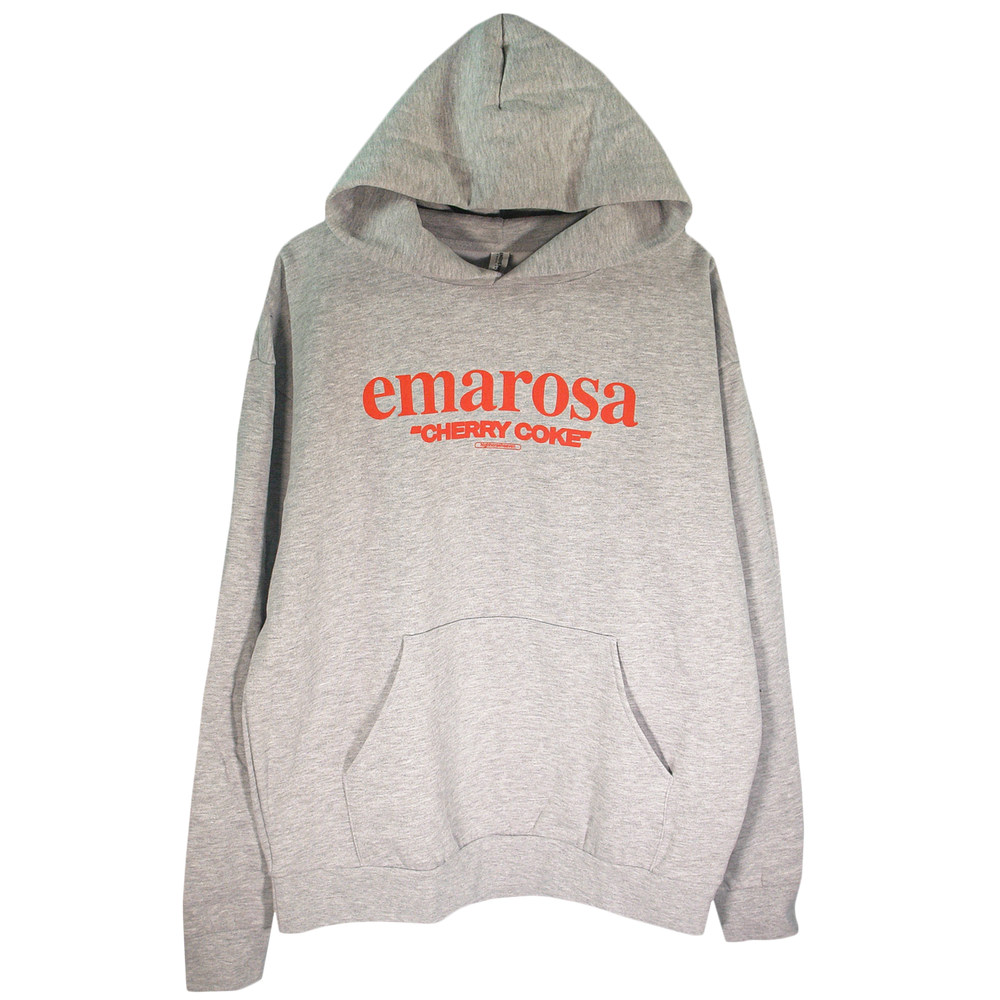 Emarosa's light gray unisex hooded pullover features "emarosa CHERRY COKE" in red caps across the chest, a front pocket, and hood. Enjoy its premium midweight feel and oversized fit for maximum comfort.