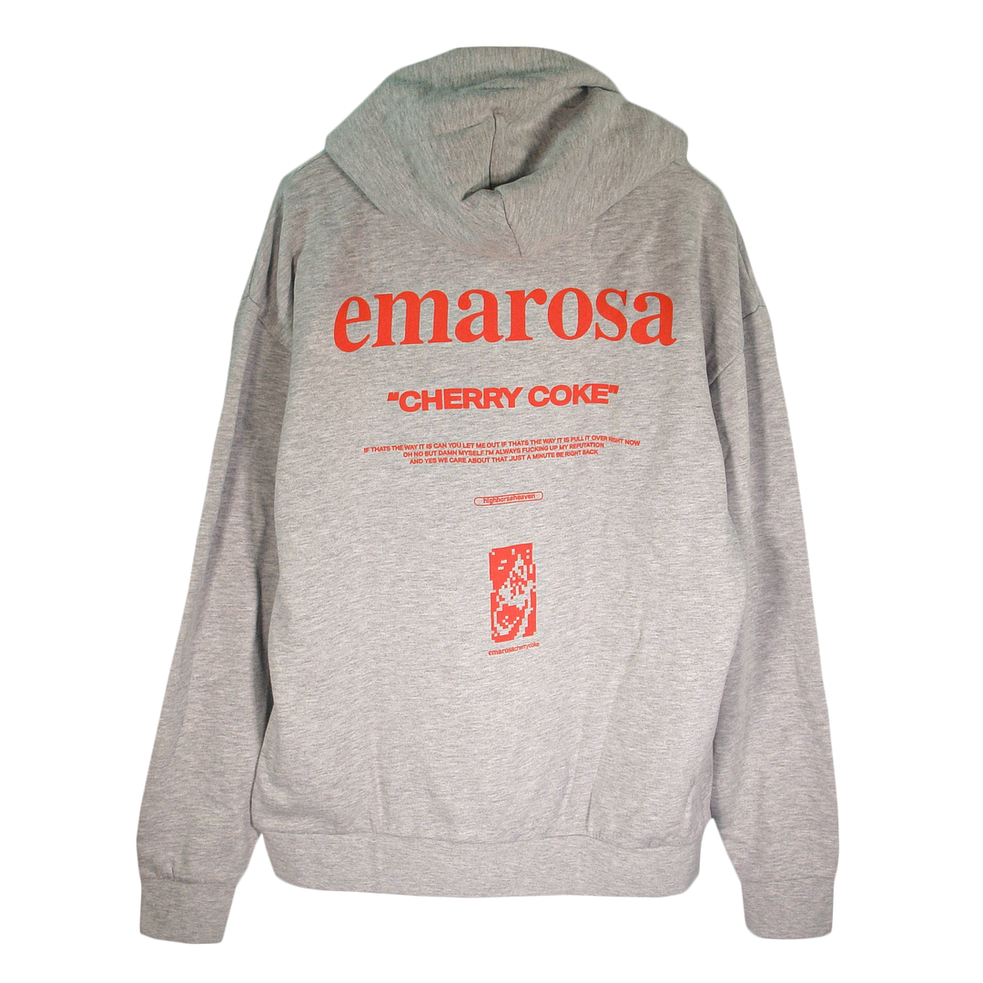 Emarosa’s light gray unisex hooded pullover has an oversized fit, bold red emarosa and CHERRY COKE text on the back, red accents, a small graphic near the hem, and is crafted from premium midweight sweatshirt fabric.