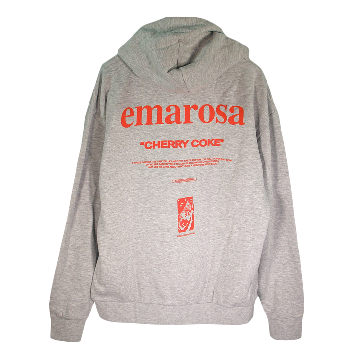 Emarosa’s light gray unisex hooded pullover has an oversized fit, bold red emarosa and CHERRY COKE text on the back, red accents, a small graphic near the hem, and is crafted from premium midweight sweatshirt fabric.